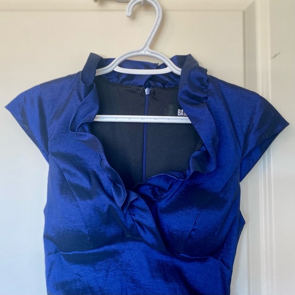 Ruched cap sleeve padded bust blue sheen - Picture 2 of 3